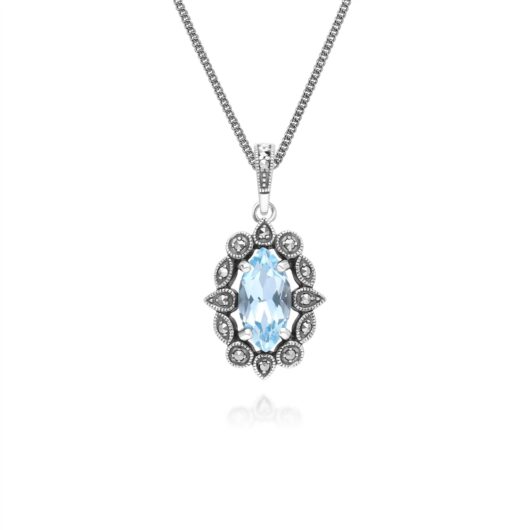 Art Deco Style Marquise Blue Topaz & Marcasite Pendant Necklace in Sterling Silver
