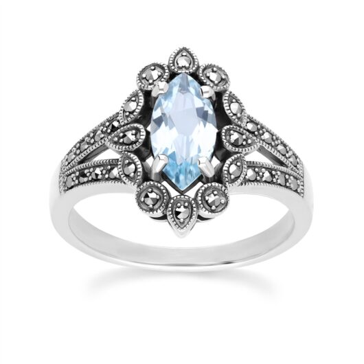 Art Deco Style Marquise Blue Topaz & Marcasite Ring in Sterling Silver