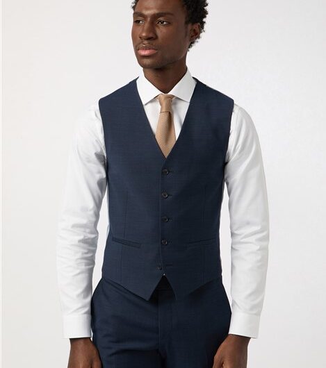 Alexandre Tailored Fit Navy Blue Texture Waistcoat