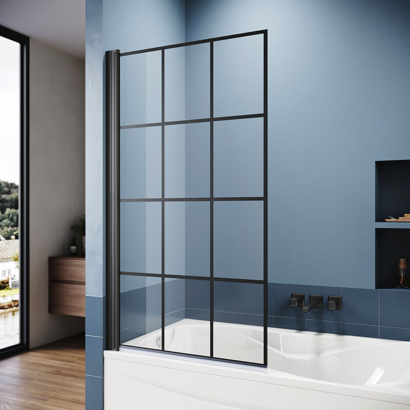 ELEGANT Bath Screen 800x1400mm Framed Matte Black Grid 5mm Safety Tempered Glass Panel with 180 Degree Pivot Bath Shower Screen