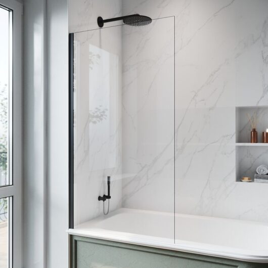 Elegant - 800x1400mm Fixed Bath Screen Frameless Rectangular 6mm Safety Tempered Glass Over Bath Panel Shower Screen Door for Bath, Black Aluminium