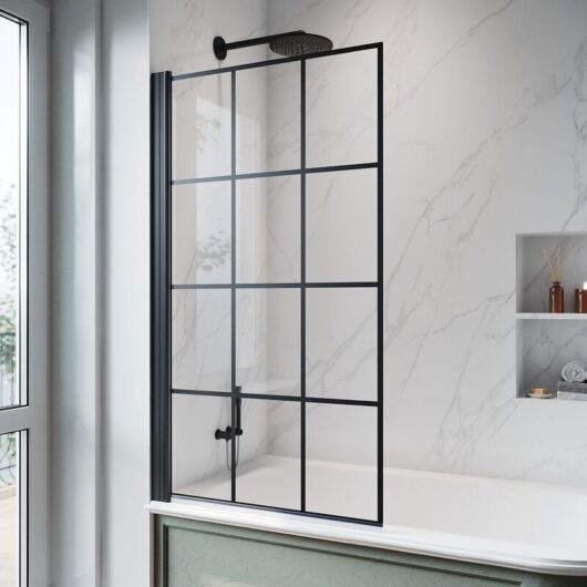 Elegant - 800x1400mm Pivot Bath Screen Black Grid Hinged Door Over Bath 5mm Safety Tempered Glass Panel Shower Screen for Bath, Black Aluminium