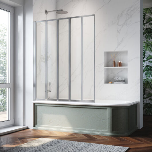 Elegant - Bright Silver 5 Fold Bath Screen 1200x1400mm Tempered Glass Panel