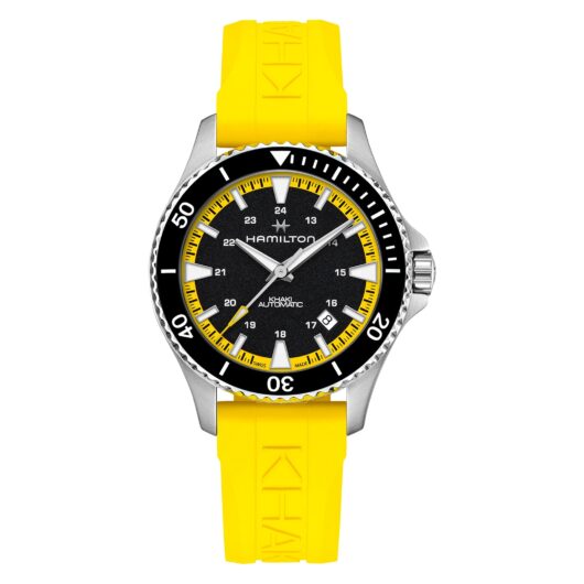 Khaki Navy Scuba Auto 40mm Mens Watch Black Dial Yellow Strap