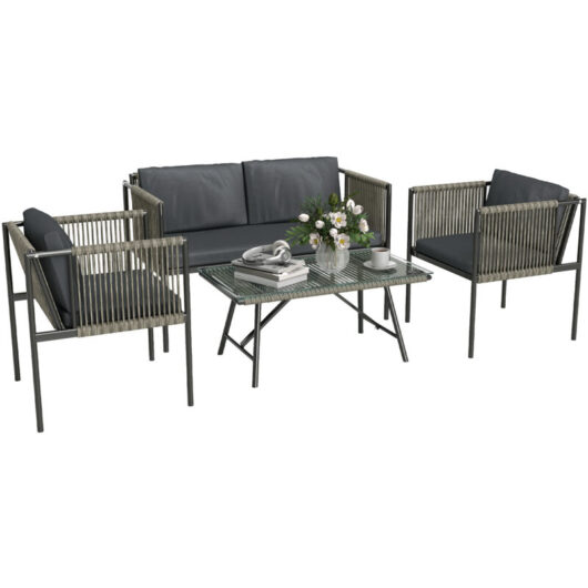 Outsunny - 4 Seater Wicker Outdoor Furniture Set with Glass Coffee Table Grey