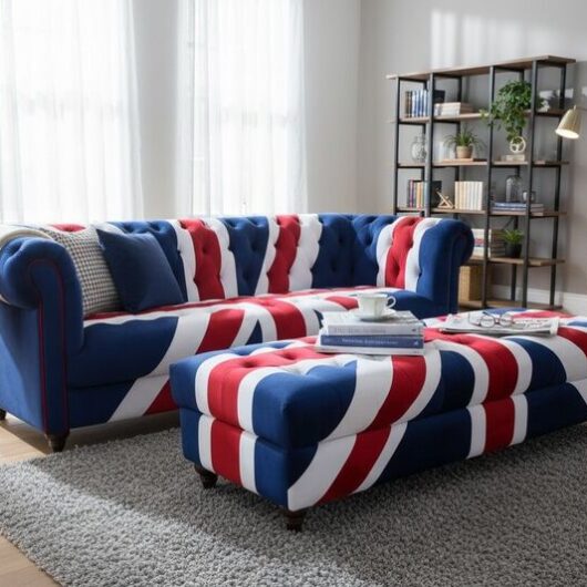 Union Jack Velvet Sofa & Footstool Set British Flag Chesterfield Style