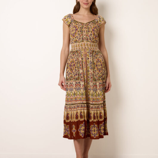 V Neck Embroidery Trim Paisley Maxi Dress - S / MULTI